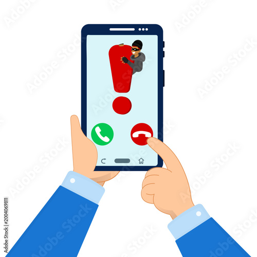 Hand rejects scam call with masked thief hiding behind warning sign on smartphone for mobile phone fraud, cybercrime security and spam call alert concept.