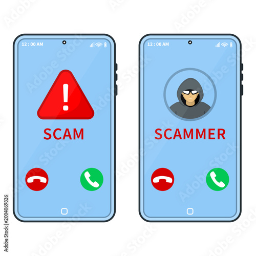 Scam call alert on smartphone screen with warning sign and hooded scammer for mobile phone fraud, spam call and cybercrime security threat concept.