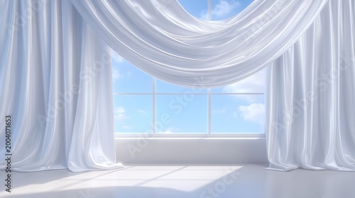 Elegant white sheer curtains framing a bright sunny window with blue sky and clouds