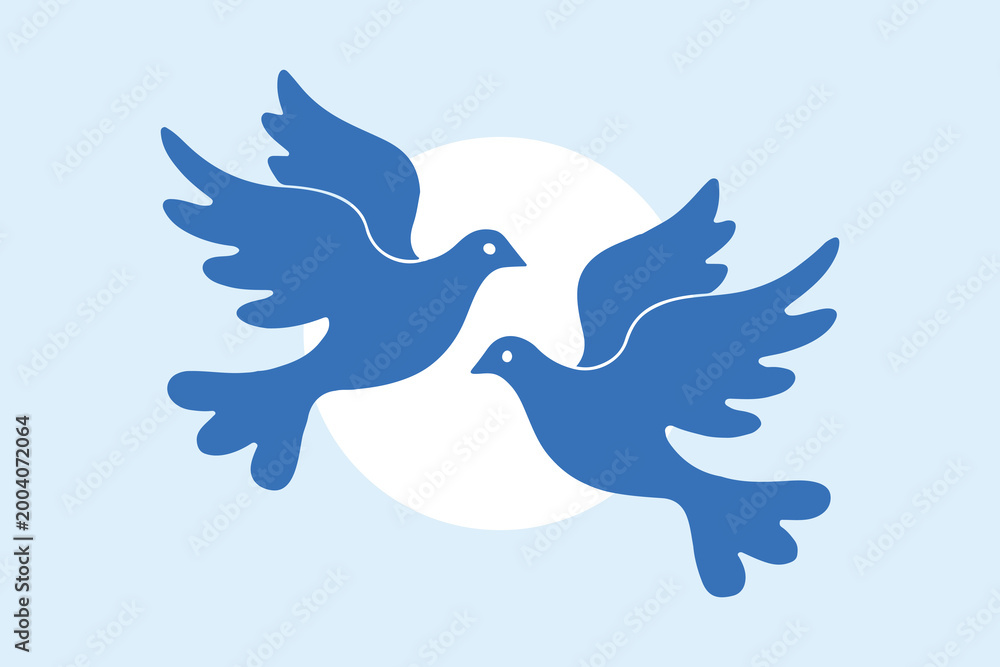 Ταπετσαρία Two blue doves flying in front of a white circle on a light blue background