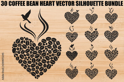 Coffee bean heart vector bundle, 30 silhouette icons, heart shapes, coffee bean designs, vector graphics