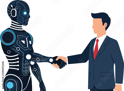 Business partnership between a man and a robot with ai technology