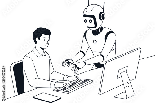 Man sitting at desk working on computer with robot assisting him