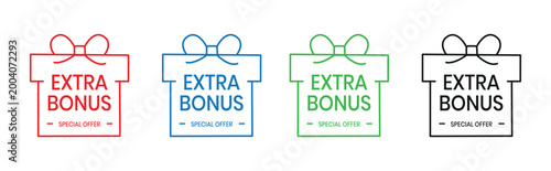Extra Bonus Gift boxes with ribbon icons Set. Free Gift box badge in Trendy Flat style. Surprising gift boxes label, Gift wrapping sticker, lucky draw, Christmas box icon. Vector Illustration. 