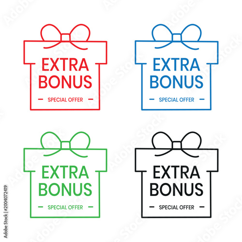 Extra Bonus Gift boxes with ribbon icons Set. Free Gift box badge in Trendy Flat style. Surprising gift boxes label, Gift wrapping sticker, lucky draw, Christmas box icon. Vector Illustration. 