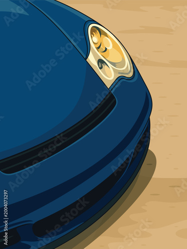 Close-up illustration of a classic sports car front end with rounded headlight and smooth curves, set against a warm minimalist background in retro flat style.