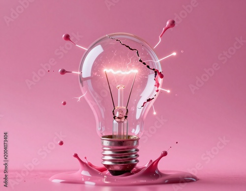 the destroyed bulb with liquid ink splashes frozen in mid air, capturing the moment of electric brilliance and energetic rupture