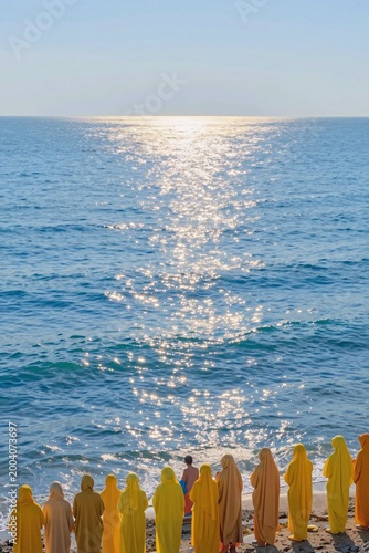 A tranquil seascape bathed in the soft, shimmering glow of gentle light waves, The scene unfolds under a crisp