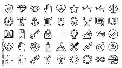 Εκτύπωση καμβά Values and integrity outline icon set for corporate ethics program, leadership t