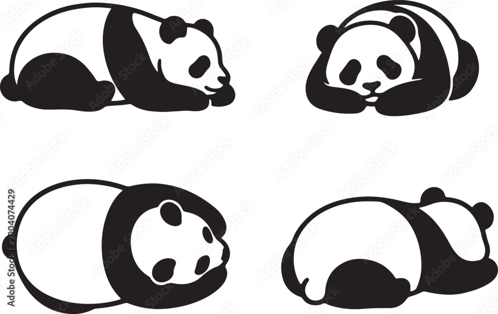 Obraz premium sleeping panda silhouette icons set side, front, back, and top views vector art illustration
