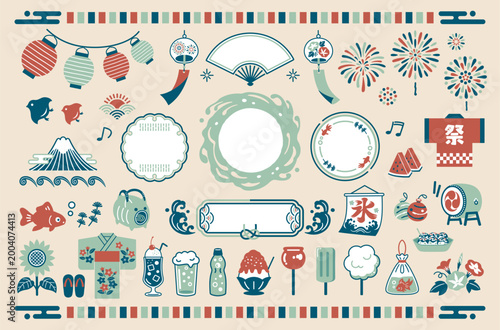 夏の和風イラストセット：夏祭り・あしらい・フレーム・アイコン
