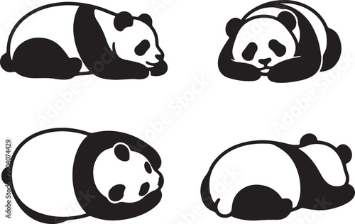 sleeping panda silhouette icons set side, front, back, and top views vector art illustration