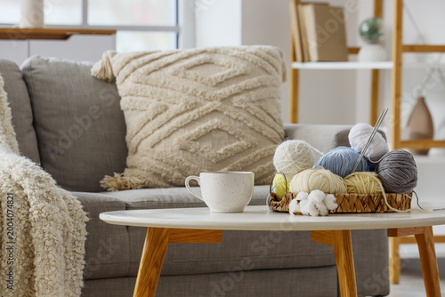 Basket with knitting yarn, ...