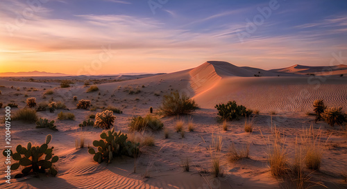 Sunset over rugged desert landscape with mesas Vector