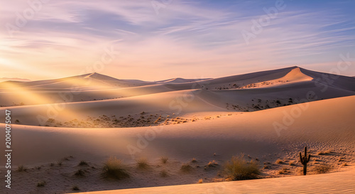 Dramatic desert landscape at golden hour with sand dunes Vector