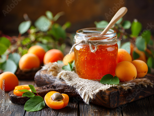 Homemade apricot jam in a jar with fresh apricots and green leaves on a wooden surface