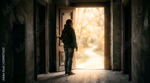 Woman opens door to bright, sunny path in nature, symbolizing hope and new beginnings.