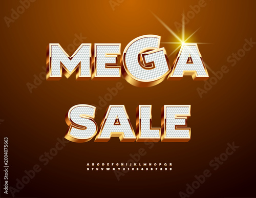 Vector Classy Promo Mega Sale. Fashion White and Golden 3D Font. Exclusive Luxury Alphabet Letters and Numbers set