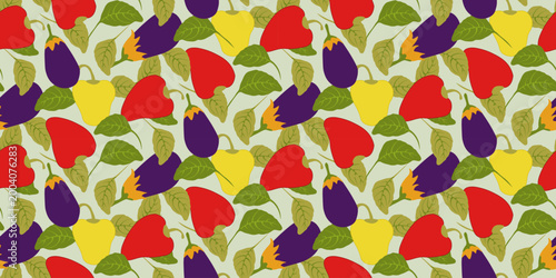 Seamless pattern with vegetables and leaves, eggplant, bell pepper. Design for a local farmers' market and organic eco products for wrapping paper, bags, fabric, print, cover, banner, decoration