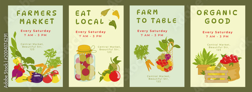 Set of vibrant vector posters and flyers for a local farmers' market. Postcards featuring fruits, vegetables, and organic produce. Advertising invitation