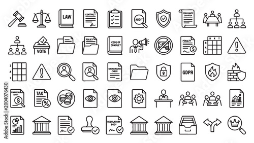Quadro su tela Legal and compliance outline icon set for law firm platform, regulatory manageme