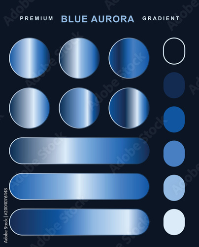 Metallic blue aurora gradient palette set. Features shiny circles and rounded rectangle buttons on dark navy background. UI design template elements.