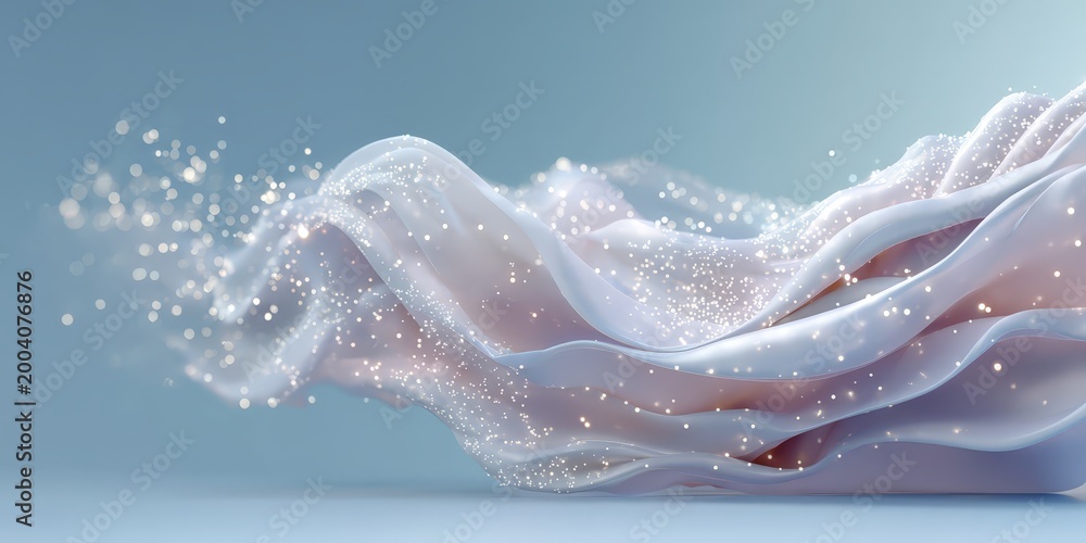 Obraz premium Pastel flowing fabric wave with glitter particles background for dreamy banner and wallpaper design
