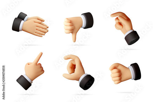 3d cartoon hand gesture set with suit sleeves. Human hand showing various signs like pointing, grabbing, fist and thumb down. Business communication icons for digital interface. Vector illustration