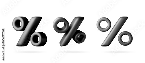 Black 3D percent signs isolated on white background. Set of volumetric matte percentage symbols for e-commerce design. Realistic rendered business icons for marketing discount. Vector illustration