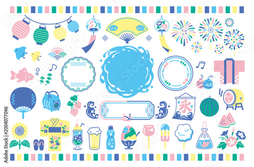 夏の和風イラストセット：夏祭り・あしらい・フレーム・アイコン
