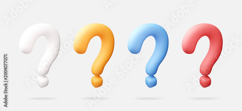 Four colorful 3D question marks isolated on white background. Signs representing inquiry, curiosity, help or support concept. Modern glossy web design element for business. Vector illustration