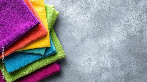 Colorful Microfiber Towels Stacked Neatly on a Textured Gray Surface for Cleaning and Household Use