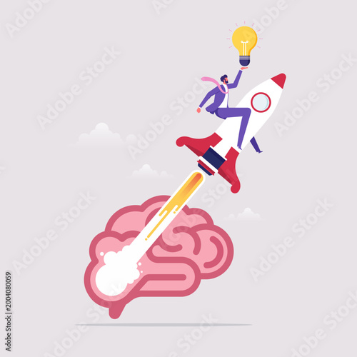 Businessman riding rocket launching from a brain, symbolizing innovative ideas and creativity for corporate marketing, branding