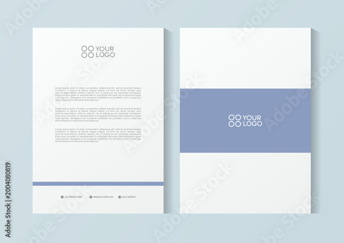Minimalist brochure template with clean lines and soft tones. White pages feature placeholder text and branding space. Sleek blue stripe adds subtle contrast for visual interest. Perfect for corporate