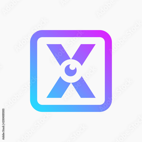 Vibrant gradient wraps square frame. Bold letter X centers, eye motif embedded. Soft, modern aesthetic for digital branding. Ideal for tech, startup, or creative media. Clean lines, bright hues