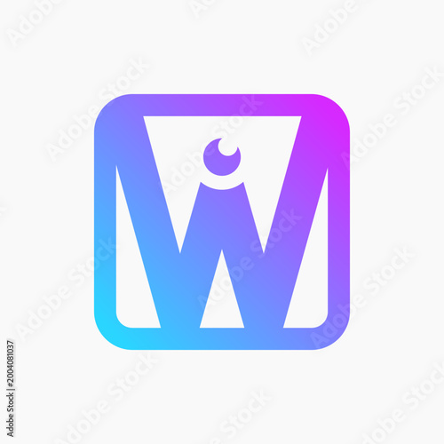 Gradient logo with bold white "W" shape. Soft purple-blue color flow adds modern vibrance. Centered design features minimalist mountain silhouette. Moon icon above peak suggests calm, creative energy