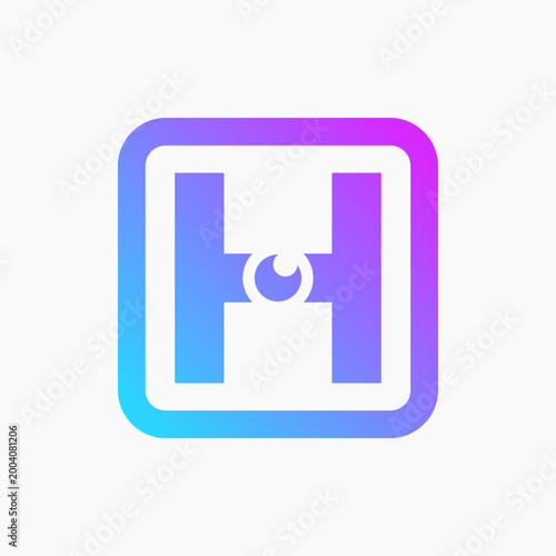Gradient frame holds stylized letter H. Inner symbol resembles eye within the letter. Color transitions from blue to purple, smooth and modern. Suitable for branding, tech, or creative design projects