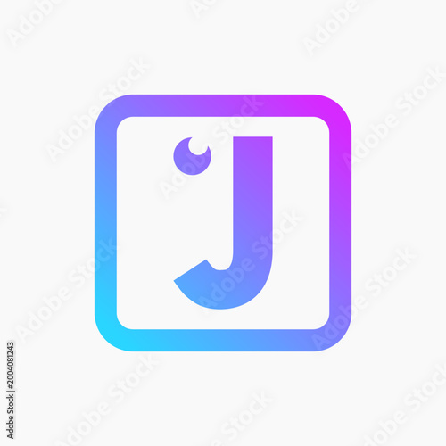 Gradient frame holds stylized letter 'J'. Purple to blue transition adds dynamic visual appeal. Minimalist design fits modern digital interfaces. Ideal for branding, app icons, or startup visuals