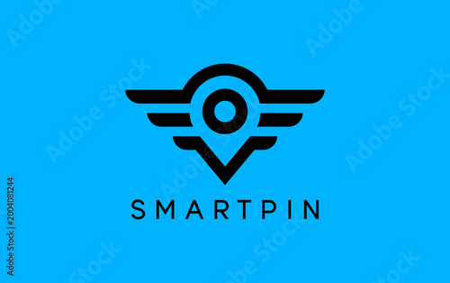 Bold logo design on vibrant blue background. Clean lines form wings and location pin. Text below reinforces brand identity. Modern aesthetic suits tech or navigation themes