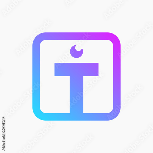 Modern abstract icon with gradient frame. Clean lines form a stylized letter T. Purple to blue gradient adds vibrant depth. Circular shape sits above the letter's stem. Ideal for tech, branding