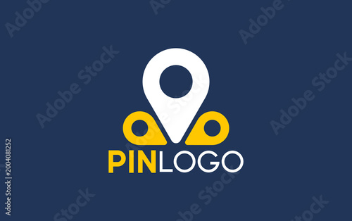 Simple logo design with pin and pin-shaped eyes. White and yellow shapes stand out against dark blue. Modern, minimalist style appeals to tech and navigation brands