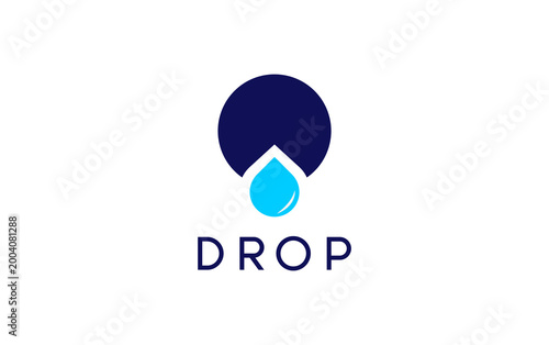 Simple logo design featuring a drop shape. Dark blue circle above a light blue drop. Word "DROP" below in matching dark blue font. Clean minimal style for modern branding. Ideal for water, health