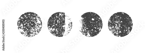 Vector Grunge texture circles set. Collection of distressed round overlays with scratched, dirty, and splattered effects for retro photo or background use.