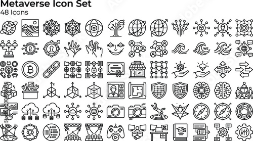 Metaverse icon set with virtual reality blockchain digital assets immersive interaction avatars and modern futuristic outline vector symbols collection