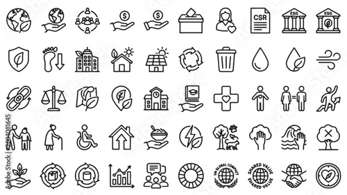 Corporate social responsibility and sustainability outline icon set for ESG reporting, nonprofit platform, community welfare, or CSR campaign design
