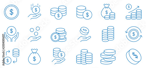 Financial coins icon set. Business money stack, currency dollar symbol, banking payment exchange, profit growth chart, saving investment bag, outline vector illustration design.