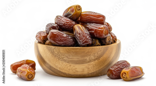 Heap of delicious dried date fruits in a wooden bowl isolated on a clean white background view