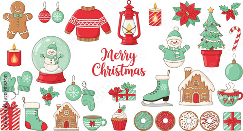 Merry Christmas Cute Cartoon Vector Set Collection Snowman Gingerbread House Sweater Snow Globe Skate Isolated on White Background for Festive Holiday Greeting Design