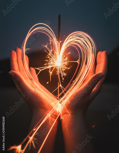 Human hands holding a glowing sparkler creating a heart shape light trail in the dark evening air