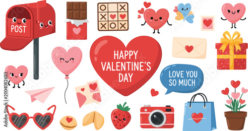 Happy Valentine's Day Cute Cartoon Vector Set Collection Heart Characters Love Gift Balloon Letter Isolated on White Background for Romantic Holiday Greeting Design